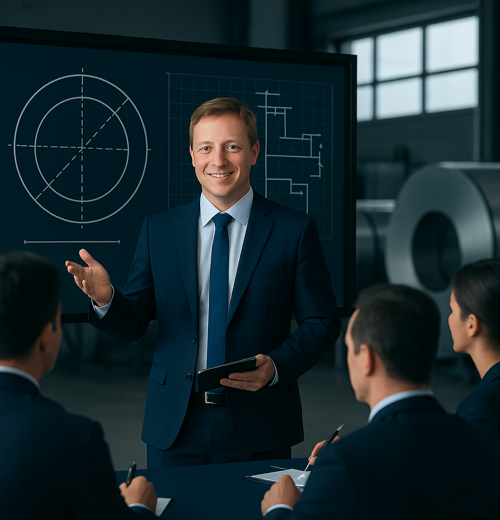 Geschäftsmann präsentiert vor einer Gruppe in einem modernen Konferenzraum.